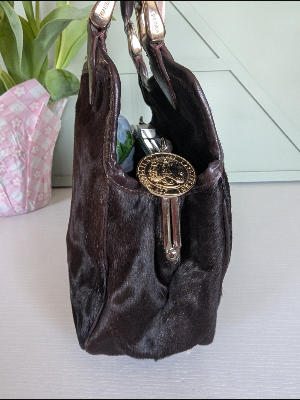 Fendi Dark Brown Mini Top-Handle Fur Bag with Gold Hardware - Picture 5 of 15